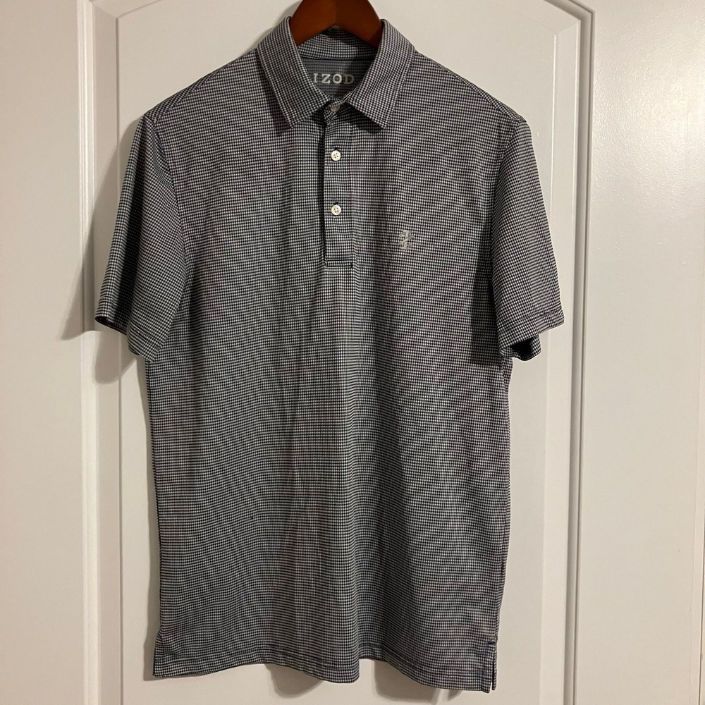 IZOD Men's Polo Shirt Navy Gray Micro-Gingham Natural Stretch Quick Dry Sz S